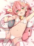  1girl 35p_(sakura_miko) ahoge armpits bell bikini blush breasts child collar female_child flat_chest green_eyes hair_bell hair_ornament hololive jingle_bell leash looking_at_viewer medium_hair micro_bikini navel open_mouth osanai_sanday pink_hair ribs sakura_miko side-tie_bikini skinny solo swimsuit thighhighs virtual_youtuber white_bikini white_thighhighs younger 