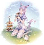 1girl absurdres animal_ears bangs biscuit_(bread) blush closed_mouth cup food full_body grass highres holding holding_cup holding_saucer horse_ears horse_girl horse_tail lilithmy long_hair macaron mejiro_mcqueen_(umamusume) no_shoes outdoors purple_eyes purple_hair purple_shirt sailor_collar saucer shirt sitting skirt steam tail teacup teapot thighhighs tiered_tray umamusume white_skirt white_thighhighs yokozuwari zettai_ryouiki 