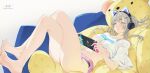  1girl artist_name bare_legs barefoot black_panties blue_eyes breasts closed_mouth clothes_writing grey_hair handheld_game_console headphones highres holding holding_handheld_game_console legs long_hair lying medium_breasts mhk_(mechamania) midriff navel nintendo_switch on_back original panties panties_under_shorts pink_shorts shirt short_shorts shorts smile soles solo t-shirt thighs underwear white_shirt 