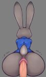  anal anal_penetration anthro anus blue_clothing blue_shirt blue_topwear clothing disney female genitals grey_background hi_res humanoid_genitalia humanoid_penis judy_hopps lagomorph leporid male male/female mammal nebssik penetration penile penile_penetration penis pink_anus rabbit rear_view shirt simple_background topwear zootopia 