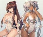  2girls anchor bangs bare_arms bare_legs bare_shoulders blush breasts brown_eyes brown_hair choker cleavage closed_mouth clothing_cutout collarbone cosplay cowboy_shot dark-skinned_female dark_skin earrings flower flower_earrings frilled_swimsuit frills grey_background hair_between_eyes hair_flower hair_intakes hair_ornament hand_up high_ponytail highres jewelry kantai_collection kasumi_(skchkko) large_breasts light_blush long_hair looking_at_viewer multiple_girls musashi_(kancolle) one-piece_swimsuit red_eyes sagiri_(kancolle) sagiri_(kancolle)_(cosplay) sitting swimsuit thighs very_long_hair white_flower white_hair white_swimsuit yamato_(kancolle) 