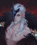  1boy artist_name artistdkt beard blue_eyes coat ear_piercing earrings facial_hair feet_out_of_frame frown gem genshin_impact highres jewelry long_hair looking_at_viewer male_focus manly mask mature_male muscular muscular_male no_shirt one_eye_covered pectorals piercing pierro_(genshin_impact) red_background signature solo sparkle stud_earrings upper_body white_hair 