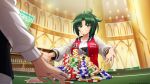  1girl 1other androgynous breasts casino casino_card_table copyright dolphin_wave game_cg green_eyes green_hair harunami_anri jacket jersey large_breasts official_art poker_chip raglan_sleeves red_jacket tagme 