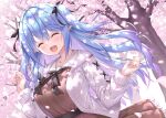  1girl :d ^_^ absurdres ahoge blue_hair breasts cherry_blossoms closed_eyes commentary_request dutch_angle fingernails hair_ribbon heart heart_ahoge highres hololive large_breasts long_hair multicolored_hair outdoors pointy_ears purple_nails ribbon smile solo tree two-tone_hair uehiro upper_body virtual_youtuber yukihana_lamy 