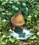 bonsly commentary_request day flower frown koala_0l leaf looking_down no_humans outdoors pokemon pokemon_(creature) puddle reflection solo water white_flower 