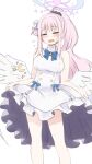  1girl angel_wings bare_shoulders blue_archive blue_bow blue_bowtie blush bow bowtie breasts closed_eyes dress hair_bun hair_ornament hair_scrunchie halo highres long_hair low_wings medium_breasts mika_(blue_archive) nagami_yuu open_mouth pink_hair ponytail scrunchie single_hair_bun skirt_hold solo sweat wavy_mouth white_dress white_wings wings 
