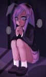  1girl bangs black_footwear black_jacket blazer blood collared_shirt commentary_request constricted_pupils cookie_(touhou) crying full_body highres hisui_(cookie) jacket loafers long_hair makaarami open_mouth own_hands_together pink_skirt pleated_skirt purple_hair rabbit_girl reisen_udongein_inaba shirt shoes sitting skirt socks solo touhou translation_request white_shirt white_socks 