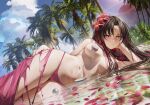 1girl bangs bare_shoulders beach bikini black_hair blush bracelet braid breasts chest_tattoo cleavage facial_mark fate/grand_order fate_(series) flower forehead_mark hair_flower hair_ornament highres jewelry large_breasts long_hair looking_at_viewer lying multicolored_hair nanaken_nana navel necklace on_side palm_tree parted_bangs pearl_bracelet pearl_necklace pink_bikini pink_hair sarong sesshouin_kiara sesshouin_kiara_(swimsuit_mooncancer) sesshouin_kiara_(swimsuit_mooncancer)_(first_ascension) shell_necklace shore solo streaked_hair swimsuit tattoo thighs tree twin_braids very_long_hair water wet yellow_eyes 