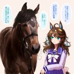  1girl ahoge animal_ears bangs blue_eyes blue_ribbon bow bowtie brown_hair check_translation commentary creature_and_personification daring_tact_(racehorse) daring_tact_(umamusume) fantomyu hair_ornament hair_ribbon highres horse horse_ears horse_girl horse_tail horseshoe_ornament long_sleeves looking_at_another medium_hair multicolored_hair pink_background pleated_skirt purple_skirt ribbon school_uniform serafuku simple_background skirt swept_bangs tail tracen_school_uniform translation_request umamusume wavy_hair white_bow white_bowtie white_hair winter_uniform 