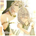  2girls bangs daily_nahida dress female_child genshin_impact green_eyes green_headwear highres jewelry kusanali_(genshin_impact) multiple_girls necklace pointy_ears sleeping sleeping_on_person sleeveless sleeveless_dress white_dress white_hair 