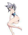  1girl animal_ear_fluff animal_ears bangs barefoot black_swimsuit blue_archive blue_eyes breasts competition_swimsuit covered_navel cross_hair_ornament deatheach extra_ears grey_hair hair_ornament halo highres looking_at_viewer low_ponytail lying medium_breasts medium_hair mismatched_pupils multicolored_clothes multicolored_swimsuit on_side one-piece_swimsuit shiroko_(blue_archive) shiroko_(swimsuit)_(blue_archive) solo swimsuit 
