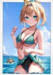  1girl absurdres bangs bikini blonde_hair blue_eyes blush breasts chameleon_(chameleon0613) cleavage clothes_lift hair_between_eyes highres hololive holox kazama_iroha looking_at_viewer medium_breasts medium_hair navel ocean pokobee ponytail skirt skirt_lift smile solo swimsuit virtual_youtuber wading wet 