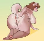  2022 absurd_res anthro anus anutka areola barefoot big_butt blue_eyes blush breasts brown_hair butt canid canine canis digital_media_(artwork) domestic_dog feet female folded_ears genitals hair hi_res hindpaw looking_at_viewer looking_back looking_back_at_viewer mammal nipples overweight overweight_female pawpads paws pink_anus pink_areola pink_nipples pink_pawpads pink_pussy presenting presenting_anus presenting_hindquarters presenting_pussy pussy shaded solo sophie_(anutka) spread_butt spreading thick_thighs 