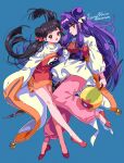  2girls absurdres black_hair crossover double_bun full_body hair_bun highres kisumi_rei long_hair multiple_girls open_mouth purple_hair ranma_1/2 red_eyes ribbon shampoo_(ranma_1/2) smile 