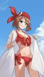  1girl absurdres bandana bikini blue_eyes blue_sky breasts brown_hair cloud cowboy_shot front-tie_bikini front-tie_top grin highres keibi_inu looking_at_viewer may_(pokemon) medium_breasts medium_hair navel open_clothes open_robe pokemon pokemon_(anime) pokemon_(game) pokemon_rse pokemon_rse_(anime) red_bandana red_bikini robe side-tie_bikini sky smile solo standing swimsuit thigh_gap white_robe 