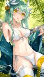  1girl bangs bare_shoulders bikini blush breasts cleavage collarbone dragon_girl dragon_horns fate/grand_order fate_(series) green_hair highres horns kiyohime_(fate) large_breasts long_hair looking_at_viewer morizono_shiki navel off_shoulder parted_lips solo swimsuit white_bikini yellow_eyes 