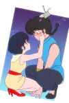  1boy 1girl black_footwear black_hair blue_hair blush braid braided_ponytail breasts dress eye_contact high_heels highres koseigahosiiiii looking_at_another ranma_1/2 red_footwear retro_artstyle saotome_ranma short_hair tendou_akane yellow_dress 