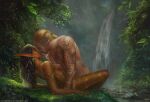  2022 abs braided_hair brown_body brown_fur day detailed_background digital_media_(artwork) elf eyebrows eyelashes eyes_closed female forest fur hair hi_res humanoid male male/female moss nude outside plant tree x-celebril-x 
