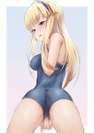  1girl ass blonde_hair blue_eyes blue_swimsuit blush breasts cameltoe commentary double_bun fletcher_(kancolle) from_behind hair_bun hairband hand_on_own_crotch highres imminent_masturbation kantai_collection large_breasts long_hair looking_at_viewer looking_back one-piece_swimsuit open_mouth purple_eyes sakieko school_swimsuit solo swimsuit 