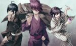  3boys ahoge alternate_costume back_hair bangs black_kimono brown_eyes checkered_clothes checkered_kimono collarbone danganronpa_(series) danganronpa_v3:_killing_harmony flipped_hair food gradient gradient_background grey_background grey_kimono grin hair_between_eyes hand_on_hip hand_up holding holding_smoking_pipe holding_spoon ice_cream jacket jacket_on_shoulders japanese_clothes kimono long_sleeves momota_kaito multiple_boys obi open_mouth ouma_kokichi pink_eyes purple_kimono saihara_shuuichi sakuyu sash shiny shiny_hair smile smoking_pipe spoon striped striped_kimono teeth thinking tongue upper_teeth wide_sleeves 