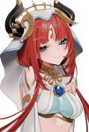  1girl bebe_(bebe_pp) blue_eyes breasts closed_mouth genshin_impact horns long_hair looking_at_viewer medium_breasts nilou_(genshin_impact) red_hair smile solo twitter_username upper_body veil white_veil 