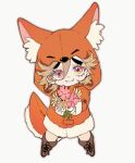  1boy animal_costume animal_ear_fluff animal_hood blonde_hair boots brown_footwear chibi closed_mouth coat cross-laced_footwear douma_(kimetsu_no_yaiba) fangs fangs_out flower fox_costume fox_hood full_body fur-trimmed_coat fur_trim giving hair_between_eyes happy holding holding_flower hood hooded_coat kimetsu_no_yaiba lace-up_boots legs_apart light_brown_hair long_sleeves looking_at_viewer male_focus multicolored_eyes orange_coat outstretched_arm pink_flower qin_(7833198) rainbow_eyes simple_background smile solo white_background yellow_flower 
