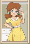  1girl alternate_costume artist_name blue_eyes border brown_hair casual chocomiru commentary drawer dress earrings english_commentary flower_earrings jewelry looking_at_viewer mario_(series) outside_border phone polka_dot polka_dot_background polka_dot_dress princess_daisy short_sleeves smile solo standing white_border yellow_dress 