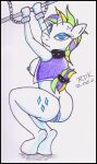  anthro blue_eyes bottomless bound breasts butt chain clothed clothing crouching equid equine female friendship_is_magic genitals hasbro horn horse looking_at_viewer mammal my_little_pony nude pony punch pussy raripunk rarity_(mlp) reddragonkan simple_background solo traditional_media_(artwork) unicorn 