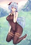  1girl ahoge bangs bare_arms bell blue_hair blush bodystocking bodysuit bow breasts brown_leotard brown_pantyhose covered_navel full_body ganyu_(genshin_impact) genshin_impact grass groin high_heels highres horns kneeling large_breasts leotard leotard_under_clothes long_hair looking_at_viewer low_ponytail multicolored_eyes neck_bell no_gloves outdoors pantyhose parted_lips purple_eyes sidelocks sleeveless solo thighlet thighs yukiko_(leovioykk) 