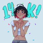  1girl ahoge artist_self-insert black_hair blue_eyes blush breasts cleavage colored_inner_hair confetti crop_top grey_pants hands_up highres looking_at_viewer margaret_h medium_breasts milestone_celebration mole_on_arm mole_on_stomach multicolored_hair off-shoulder_shirt off_shoulder original pants red_hair shirt solo tears two-tone_hair upper_body white_shirt 