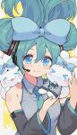  &gt;_&lt; 1girl bangs bare_shoulders black_sleeves blue_bow blue_eyes blue_necktie bow breasts cinnamiku cinnamoroll closed_eyes closed_mouth collared_shirt commentary_request crossover detached_sleeves green_hair green_nails grey_shirt hair_between_eyes hair_bow hands_up haruken hatsune_miku headset long_sleeves nail_polish necktie sanrio shirt sleeveless sleeveless_shirt small_breasts smile upper_body vocaloid wide_sleeves yellow_background 