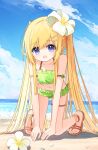  1girl :o all_fours bangs bare_shoulders beach bikini blonde_hair blue_eyes blue_sky brown_footwear cloud collarbone commentary_request day flower flower_girl_(yuuhagi_(amaretto-no-natsu)) frilled_bikini frills green_bikini hair_between_eyes hair_flower hair_ornament hairclip horizon long_hair navel ocean open_mouth original outdoors sand sandals sky solo swimsuit twintails very_long_hair water white_flower yuuhagi_(amaretto-no-natsu) 
