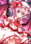  1girl ascot bat_wings blurry bokeh brooch depth_of_field fang fang_out hat highres jewelry looking_at_viewer mob_cap red_eyes remilia_scarlet ruu_(tksymkw) skirt_hold smile solo touhou wings wrist_cuffs 