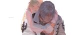  1boy 1girl arms_around_neck bangs blonde_hair clenched_teeth closed_eyes clothing_cutout coat collarbone crying dress english_text final_fantasy final_fantasy_xiv furrowed_brow grey_choker grey_hair hair_ribbon holy_pumpkin hug hug_from_behind hyur long_hair long_sleeves parted_lips puffy_long_sleeves puffy_sleeves ribbon ryne short_hair shoulder_cutout simple_background swept_bangs tears teeth thancred_waters transparent upper_body white_background white_coat white_dress 