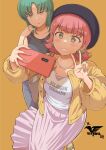  2girls absurdres arasa_ol_haman-sama bangs cellphone collarbone collared_shirt green_eyes green_hair gundam hand_on_own_shoulder highres iwasaki_masakazu jewelry lila_milla_rira looking_at_viewer multiple_girls necklace parted_bangs phone pink_hair pink_skirt sarah_zabiarov shirt short_hair skirt smartphone smile titans_(gundam) v white_shirt yellow_background zeta_gundam 