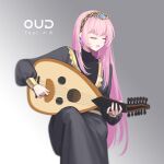  1girl bangs black_shirt black_skirt blue_gemstone blurry breasts character_name closed_eyes depth_of_field earrings eyelashes gem gradient gradient_background grey_background hairband highres holding holding_instrument instrument invisible_chair jewelry knee_up long_hair long_sleeves lute_(instrument) megurine_luka midriff music open_mouth pink_hair pink_nails playing_instrument puffy_long_sleeves puffy_sleeves roy_(pixiv992911) shirt singing sitting skirt skirt_set smile solo turtleneck very_long_hair vocaloid white_background 