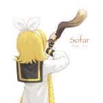  1girl aiguillette blonde_hair blowing bow character_name facing_away flipped_hair from_behind hair_bow hairband hands_up highres holding holding_instrument horns instrument kagamine_rin long_sleeves music playing_instrument puffy_long_sleeves puffy_sleeves roy_(pixiv992911) sheep_horns shirt short_hair simple_background solo upper_body vocaloid white_background white_bow white_shirt yellow_nails 