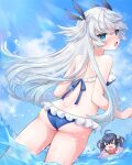  2girls ass bangs bare_arms bare_shoulders bikini black_ribbon blue_bikini blue_eyes blue_sky blush butt_crack chibi cloud commentary_request day fang food frilled_bikini frills grey_hair hair_between_eyes hair_ribbon holding holding_food innertube long_hair looking_at_viewer looking_back multiple_girls nanopai_kakumeikokonoyu nose_blush open_mouth original outdoors ribbon short_eyebrows sky solo_focus swimsuit thick_eyebrows twitter_username two_side_up very_long_hair water watermelon_slice 