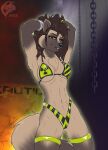  2022 anthro bikini bikini_bottom bikini_top black_bikini black_clothing black_nose black_swimwear bracelet breasts brown_body brown_eyes brown_fur brown_hair chain chest_tuft cleavage clothed clothing cracked_wall digital_media_(artwork) female flat_colors fur ghostwolf gulonine hair hands_behind_head hazard_symbol industrial_background jewelry legband mae_(ghostwolf) mammal mustelid musteline navel pattern_bikini pattern_clothing pattern_swimwear signature skimpy smile solo striped_bikini striped_clothing striped_swimwear stripes stripper swimwear tuft two_tone_bikini under_boob wall wolverine yellow_bikini yellow_clothing yellow_swimwear 