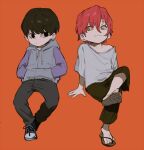  2boys :3 arm_support arms_at_sides bangs bare_shoulders black_hair black_pants brown_pants child closed_mouth cross-laced_footwear crossed_legs drawstring flip-flops full_body grey_footwear grey_hoodie grey_pants grey_shirt hands_in_pockets hisoka_morow hood hood_down hoodie hunter_x_hunter illumi_zoldyck invisible_chair long_sleeves looking_at_another looking_away male_child male_focus multiple_boys off_shoulder orange_background pants purple_sleeves qin_(7833198) red_hair sandals shirt shoe_soles shoes short_hair side-by-side sideways_glance simple_background sitting smirk sneakers t-shirt yellow_eyes younger 