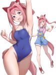  1girl absurdres animal_ears blue_swimsuit casual competition_school_swimsuit cowboy_shot haru_urara_(umamusume) headband highleg highleg_swimsuit highres horse_ears horse_girl horse_tail long_hair multiple_views overall_shorts overalls pink_eyes pink_hair pink_shirt ponytail red_footwear red_headband school_swimsuit shirt shoes simple_background sneakers standing swimsuit tail umamusume white_background whitek zoom_layer 