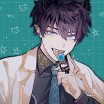  1boy biiji black_hair blue_background blue_eyes candy eating fangs food highres holding holding_food horns jewelry lollipop long_sleeves looking_at_viewer male_focus necktie nijisanji nijisanji_en open_mouth pointy_ears ren_zotto ring short_hair solo tongue tongue_out 
