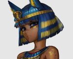  1girl animal_crossing animal_ears ankha_(animal_crossing) armlet armpit_crease artist_request backlighting bangs bare_shoulders belt breasts cat_ears cat_girl cat_tail dark-skinned_female dark_skin dress egyptian egyptian_clothes eye_of_horus eyelashes eyes_visible_through_hair facial_tattoo gradient gradient_background humanization large_breasts looking_away non-web_source parted_lips purple_eyes purple_hair ribs see-through_silhouette shiny shiny_skin short_hair sideboob simple_background slit_pupils solo source_request tail tattoo upper_body usekh_collar white_dress 