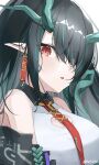  1girl aqua_hair arknights bangs bare_shoulders black_hair blush breasts commentary dress dusk_(arknights) hand_up highres horns large_breasts long_hair necktie nitoron red_eyes red_necktie solo upper_body white_dress 