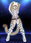  2022 animal_print anthro athletic athletic_anthro athletic_female belt big_breasts bikini boots breasts cleavage clothed clothing cosmic_background digital_media_(artwork) felid female flat_colors footwear fur ghostwolf green_eyes hair hands_behind_head high_heeled_boots high_heels hybrid legwear leona_pryde_(ghostwolf) liger lion mammal navel pantherine pink_body pink_fur pink_nose signature sling_bikini smile solo standing starry_background striped_body striped_fur stripes stripper swimwear thigh_boots thigh_highs white_hair zebra_print 