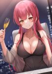  1girl bangs bare_shoulders black_dress blush breasts cleavage clenched_teeth cup dress drinking_glass earrings grin heart heart_necklace heterochromia highres holding holding_cup hololive houshou_marine jewelry large_breasts long_hair looking_at_viewer miyagi_ratona necklace red_eyes red_hair see-through smile solo teeth twitter_username upper_body virtual_youtuber yellow_eyes 
