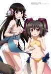  2girls :d absurdres animal_ears ass bangs bikini black_hair blunt_bangs braid breasts flat_chest hair_between_eyes hair_ribbon hair_tubes highres long_hair looking_at_viewer medium_breasts megami_magazine multiple_girls navel nekone_(utawarerumono) official_art open_mouth red_eyes ribbon rurutie_(utawarerumono) scan sidelocks simple_background smile standing swimsuit tail teeth thighs twintails upper_teeth utawarerumono very_long_hair watanabe_yaeko white_background white_bikini yellow_bikini 