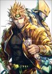  2boys artist_name bangs belt black_nails blonde_hair dio_brando earrings grin hand_on_hip headband heart holding holding_knife jacket jewelry jojo_no_kimyou_na_bouken k-suwabe knife looking_at_viewer male_focus multiple_boys red_eyes short_hair simple_background smile spiked_hair stand_(jojo) the_world upper_body white_background yellow_jacket 
