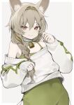  1girl animal_ear_fluff animal_ears arknights bangs bare_shoulders beanstalk_(arknights) beanstalk_(gift_uncompleted)_(arknights) bell braid brown_eyes commentary dress e_draw_paint green_dress green_hairband grey_background grey_hair hair_between_eyes hairband long_hair long_sleeves neck_bell off-shoulder_sweater off_shoulder official_alternate_costume simple_background single_braid solo sweater upper_body white_sweater 