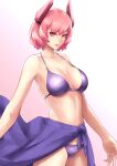  1girl bangs bikini breasts cleavage collarbone cowboy_shot gradient gradient_background horns looking_at_viewer medium_breasts navel original parted_lips pink_background pink_hair purple_bikini red_eyes shiny shiny_hair short_hair solo standing swimsuit white_background z_umeshi 